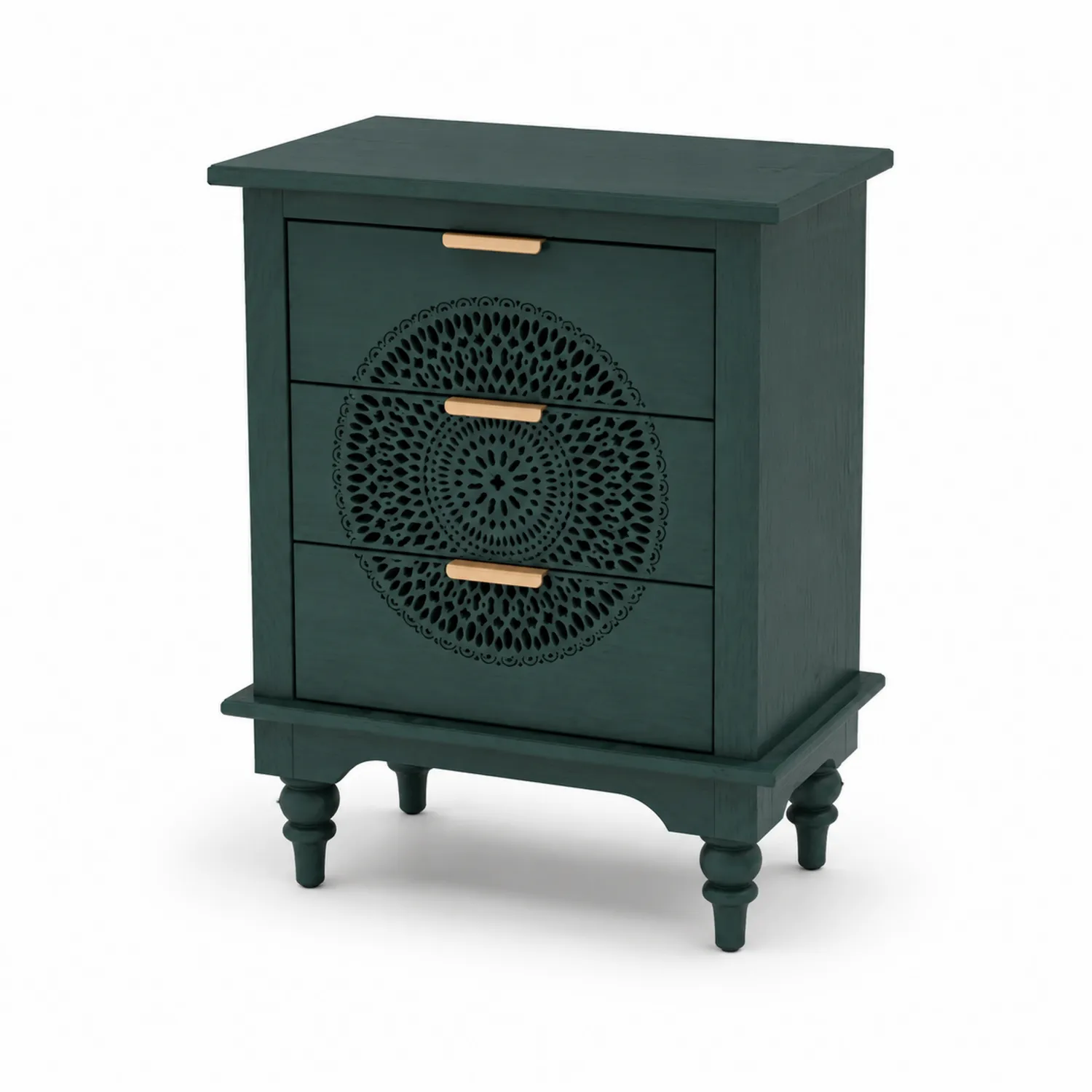 Commode en bois à trois tiroirs Vert avec motif sculpté-norqironix