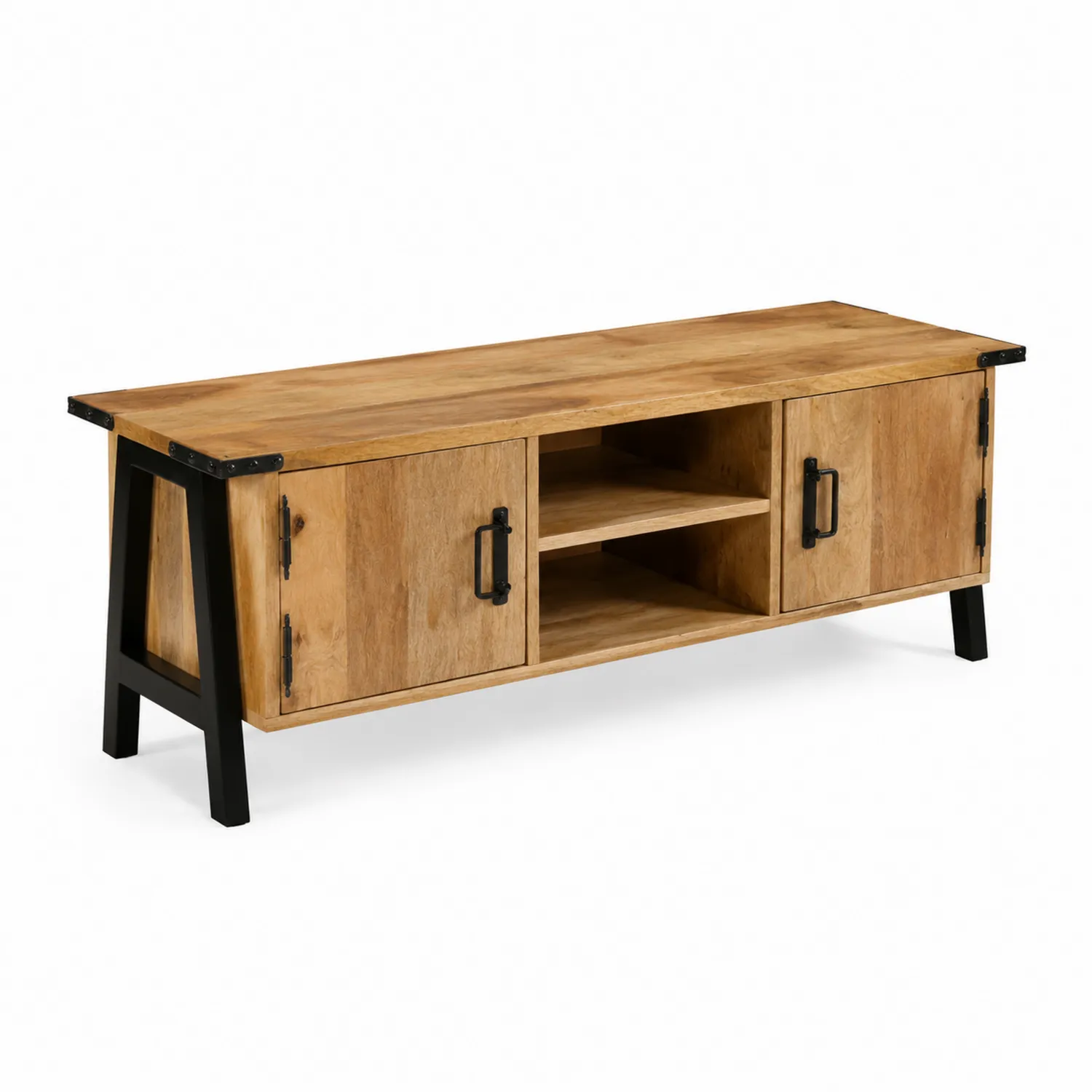 Meuble TV en bois de manguier et métal avec étagères-norqironix