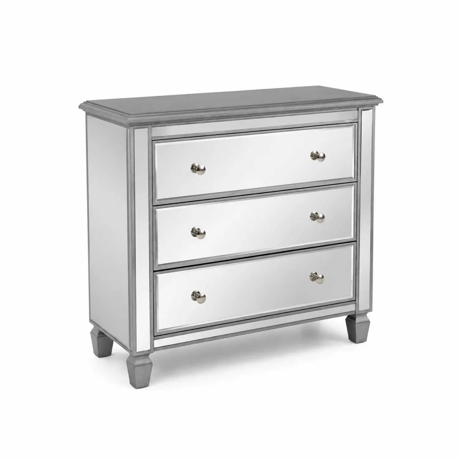 Commode à tiroirs en verre miroir argenté avec poignées en métal-norqironix