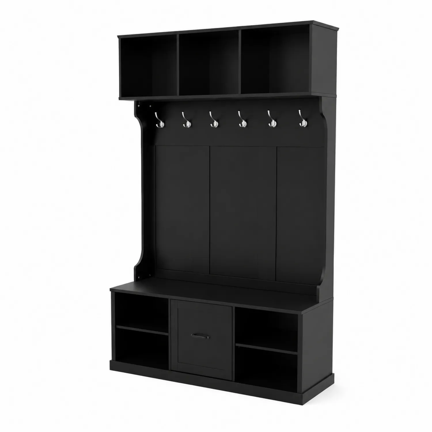 Porte-manteaux avec étagère et banc en bois noir avec 6 crochets-norqironix