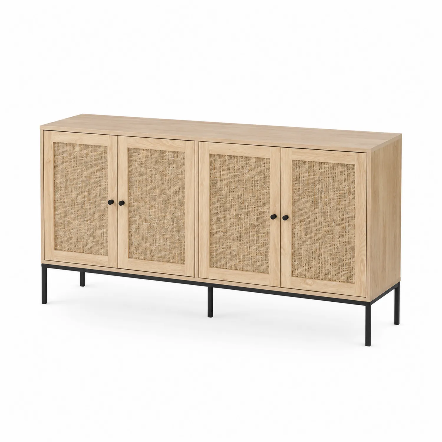 Buffet en bois avec portes en rotin et pieds en métal noir-norqironix