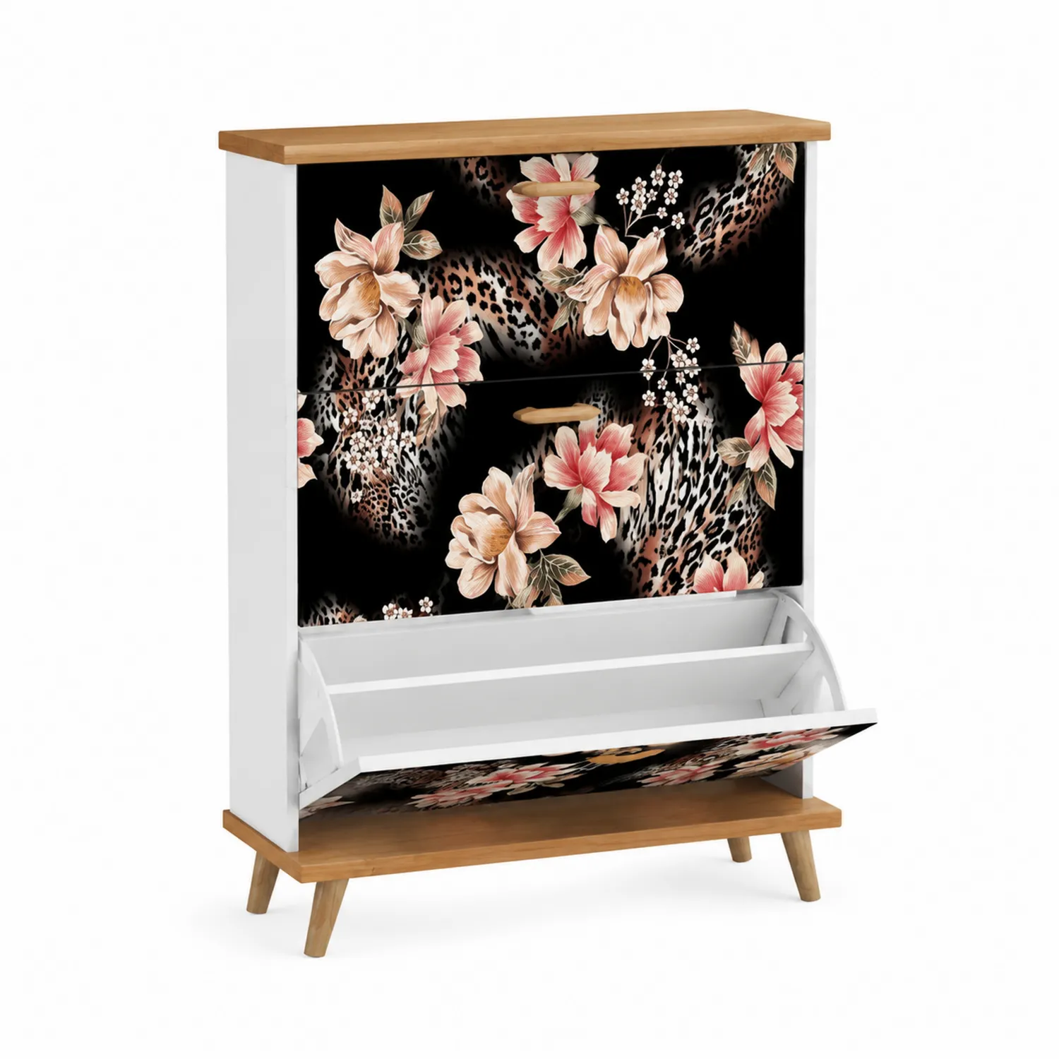 Armoire à chaussures en bois avec motifs floraux et léopard, Blanc et Multicolore, 90x30x100 cm-norqironix