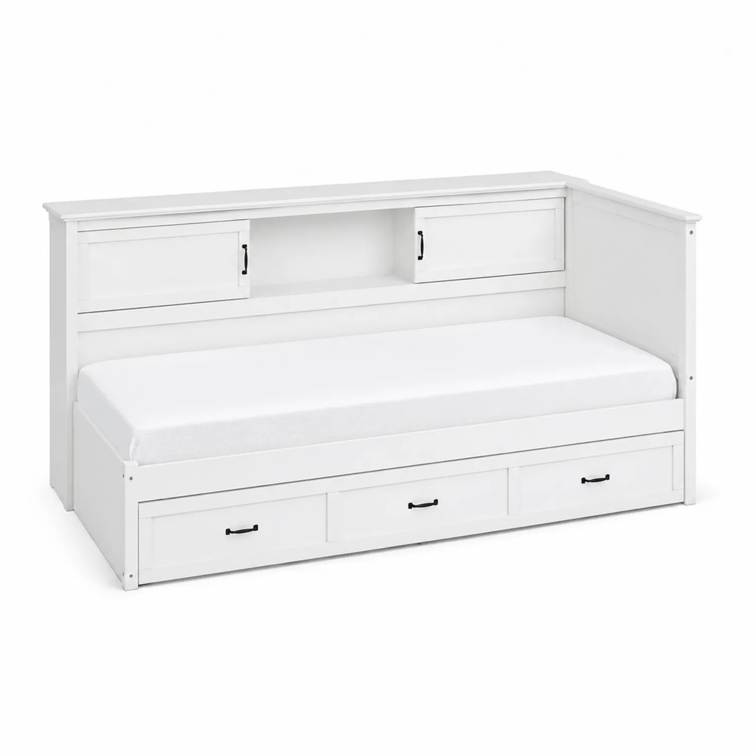 Lit de jour en bois avec rangements et matelas blanc 200x90 cm-norqironix