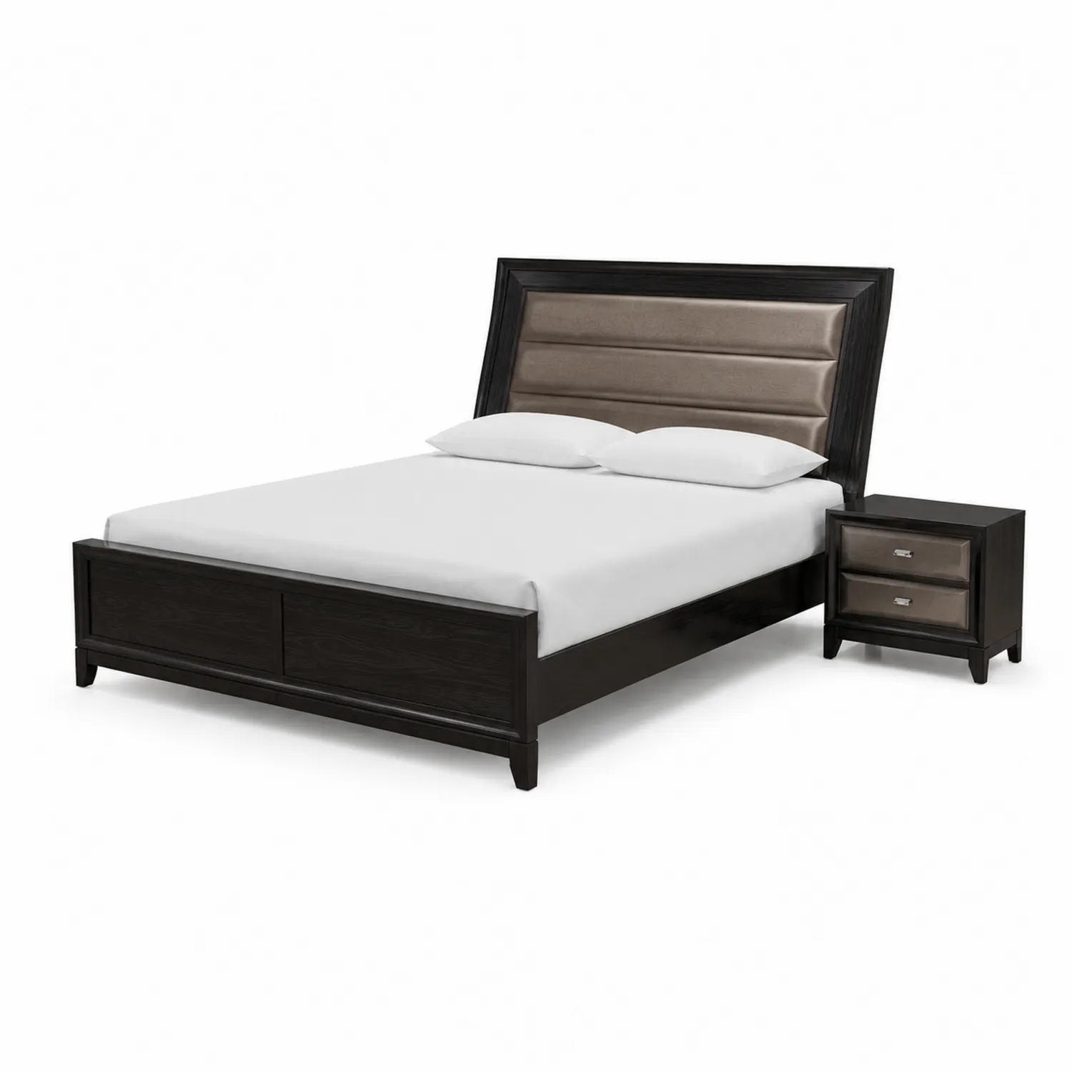 Lit double en bois avec tête de lit rembourrée et table de chevet-norqironix