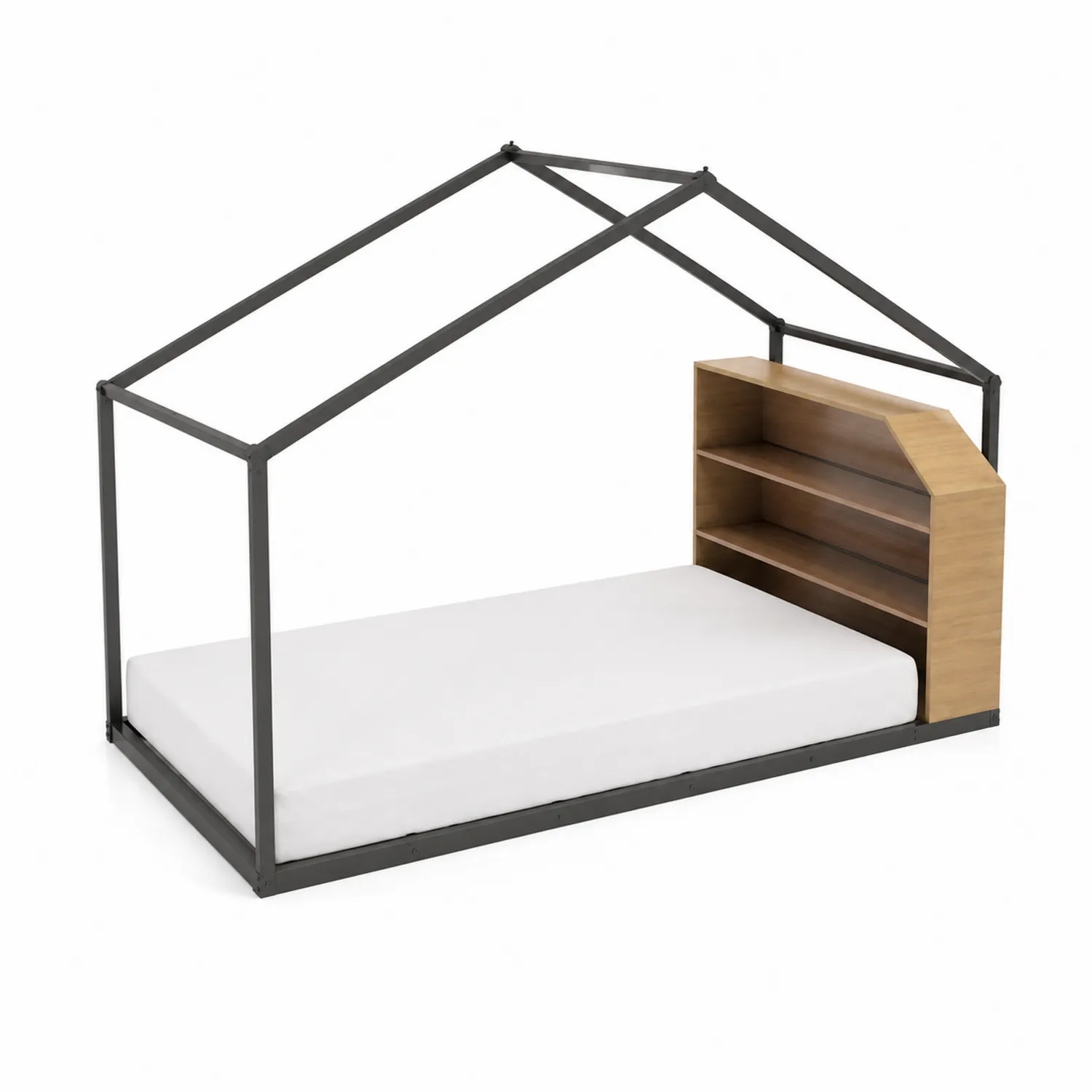 Lit cabane en métal et bois avec étagères-norqironix