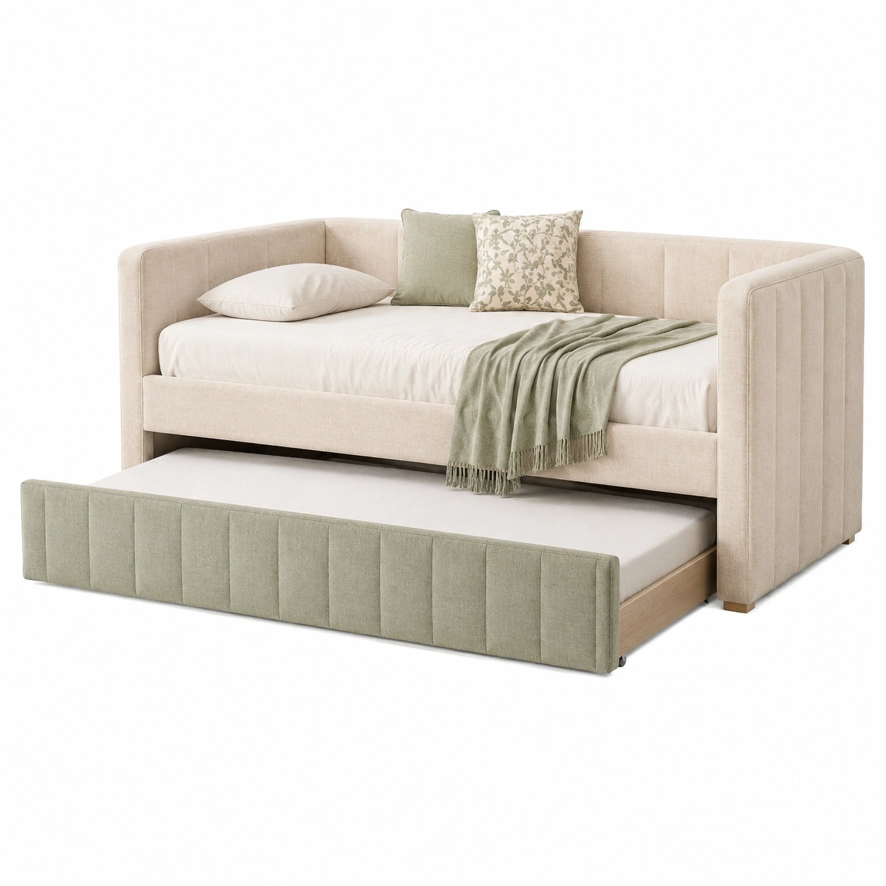 Sofa cama tapizado verde suave con cama inferior deslizante-Lushnido