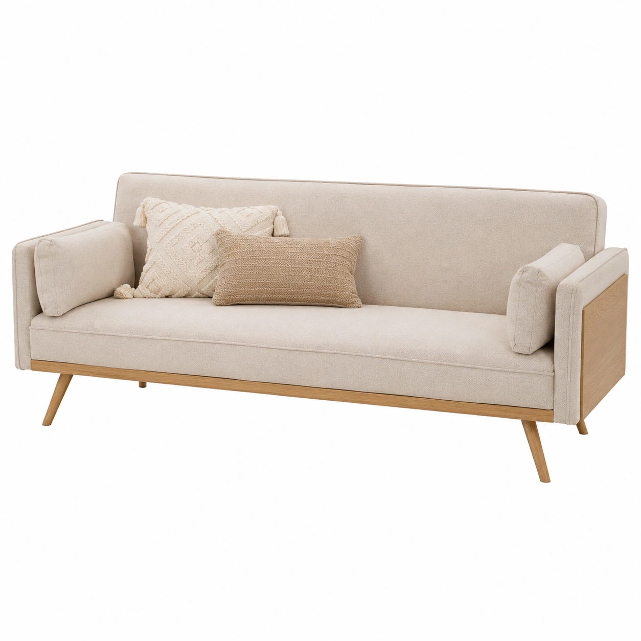 Sofa cama beige claro con brazos de madera latera-Lushnido
