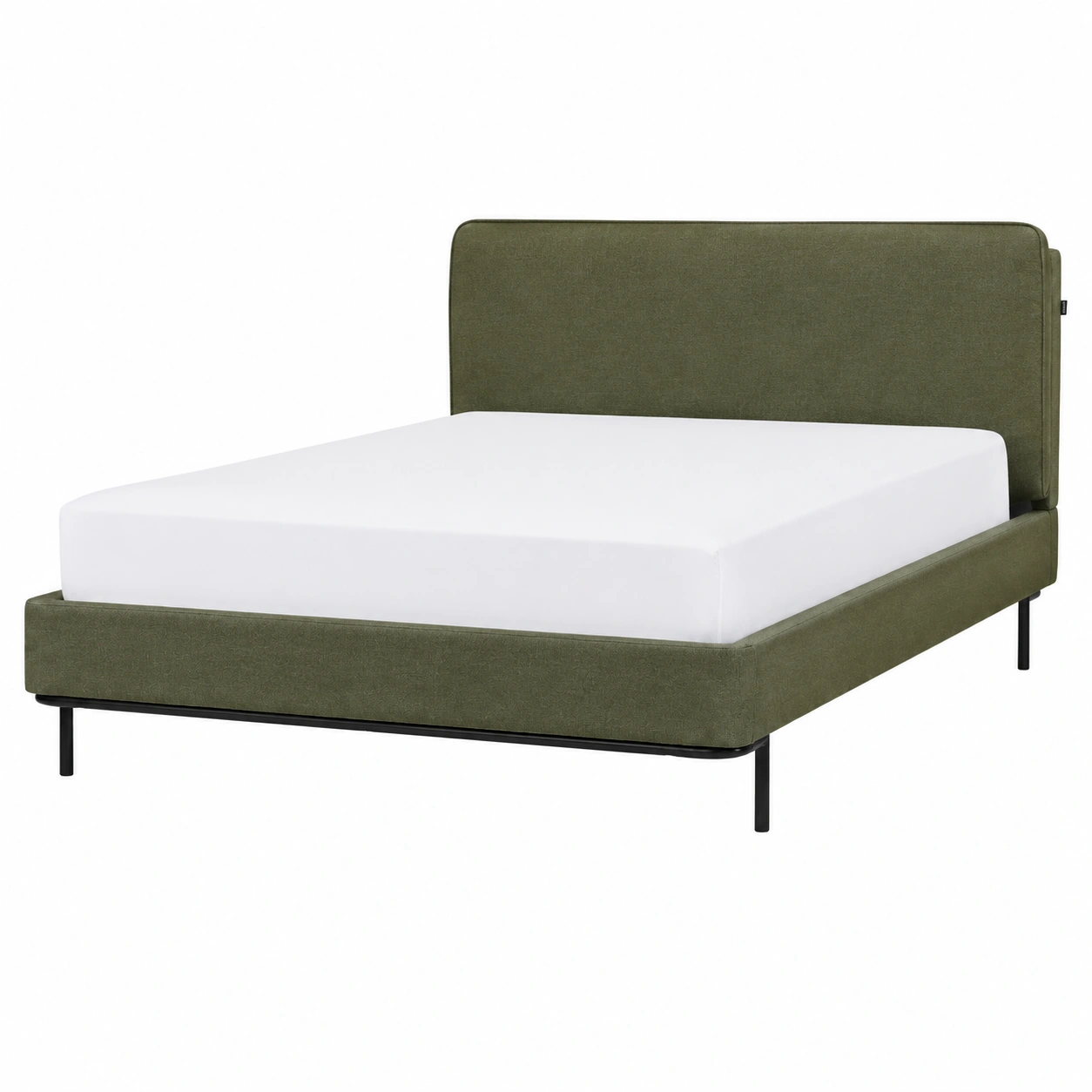 Cama tapizada minimalista de terciopelo verde oscuro con cabecero bajo y base metalica negra-Lushnido
