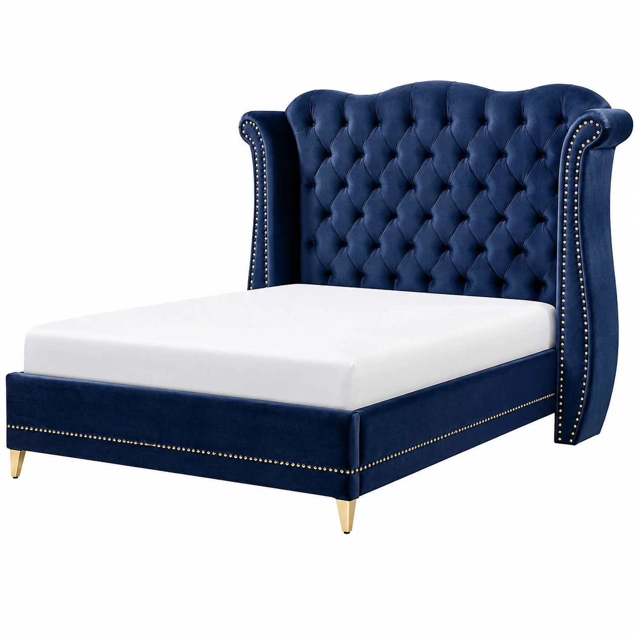 Cama tapizada de terciopelo azul con cabecero capitone y detalles metalicos para dormitorio elegante-Lushnido