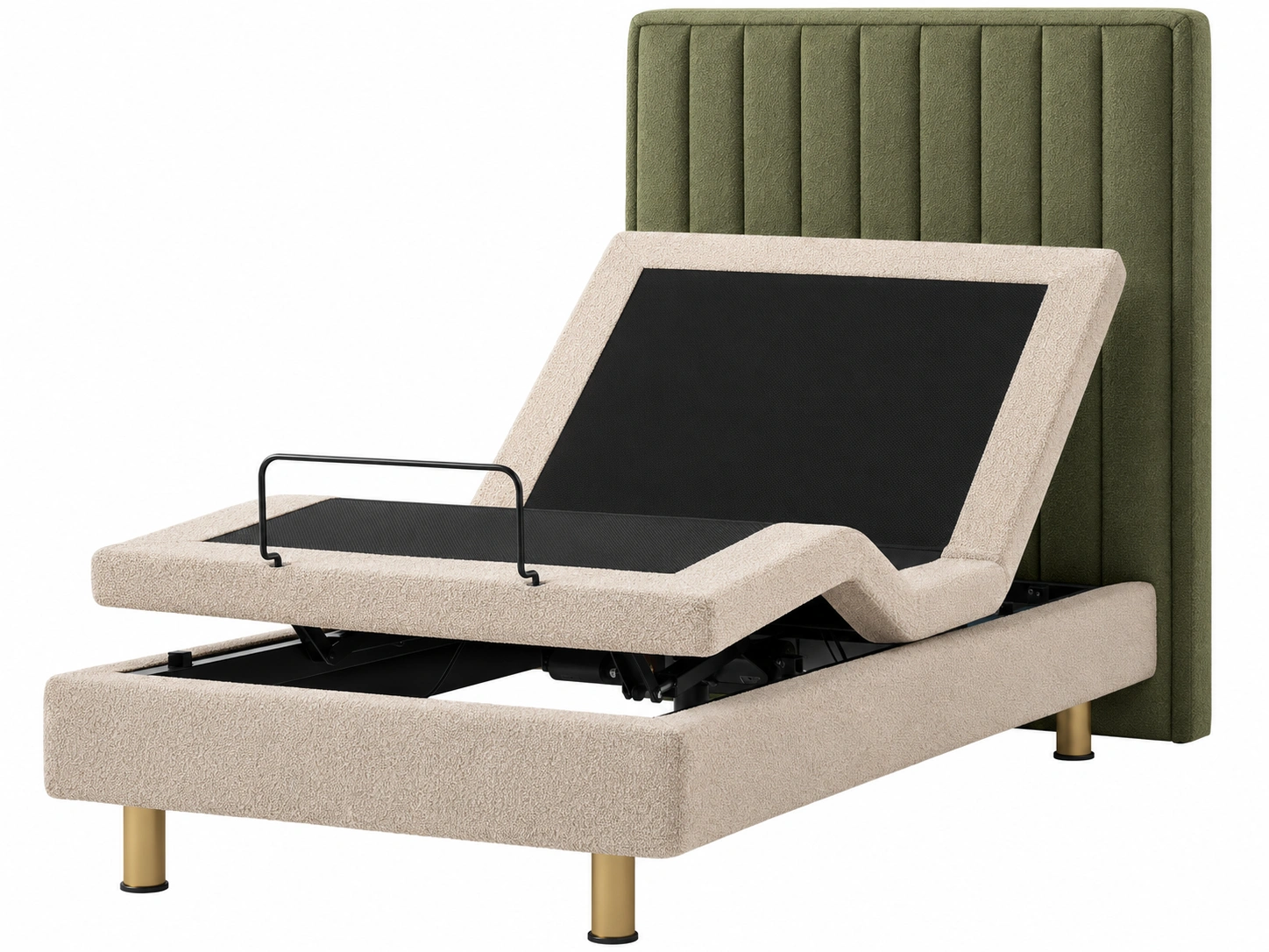 Cama articulada tapizada ajustable con cabecero acolchado verde oliva y estructura elevable electrica