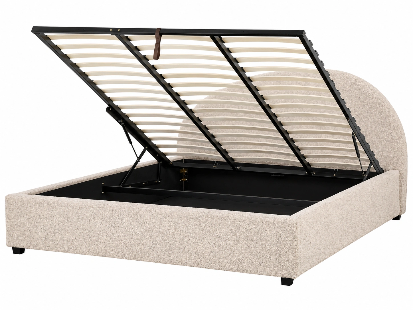 Cama tapizada con almacenamiento interior y cabecero curvo en tela bouclette crema-Lushnido