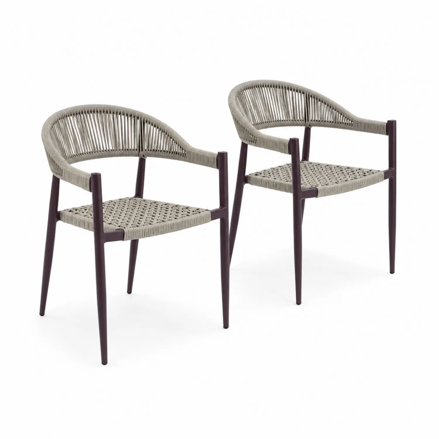 Set de 2 chaises en corde grise avec cadre en métal marron-Vexlitorin