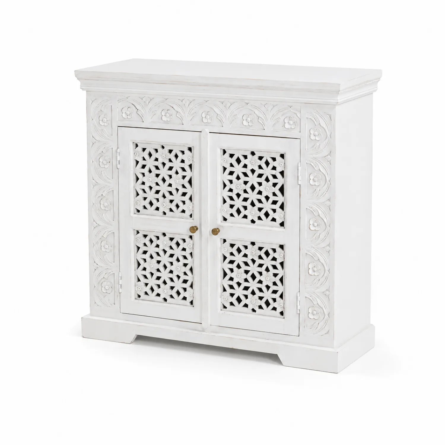 Buffet en bois de manguier avec portes sculptées blanches-Vexlitorin