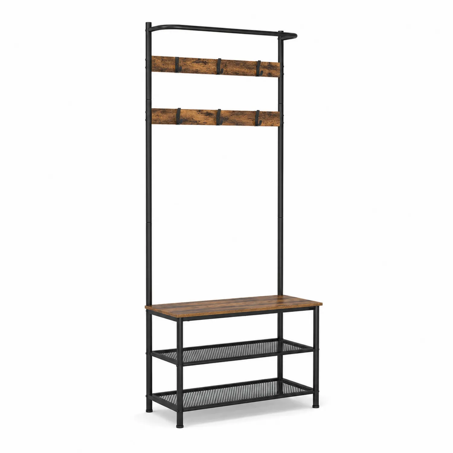 Portemanteau en métal noir avec banc en bois et étagères-Vexlitorin