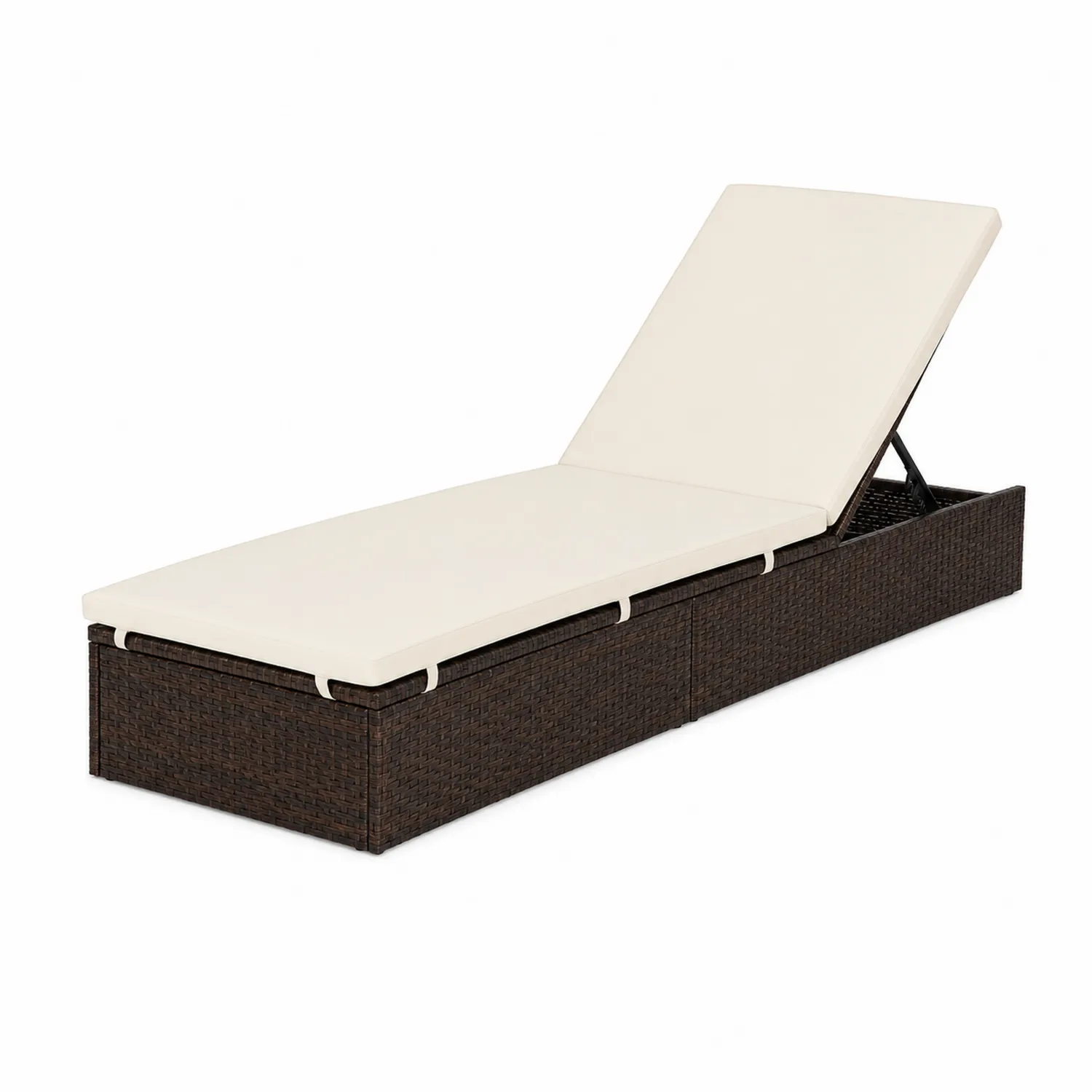 Chaise longue en résine tressée marron avec coussin crème-Vexlitorin