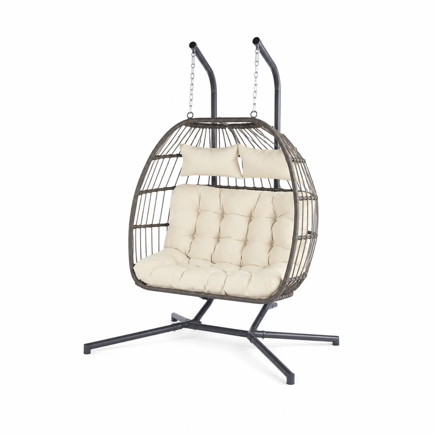Fauteuil suspendu double en rotin avec coussins en polyester beige-Vexlitorin