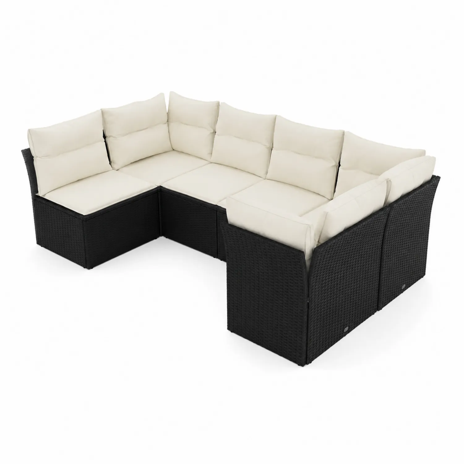 Canapé modulable en rotin synthétique noir coussins écru 5 places-Vexlitorin
