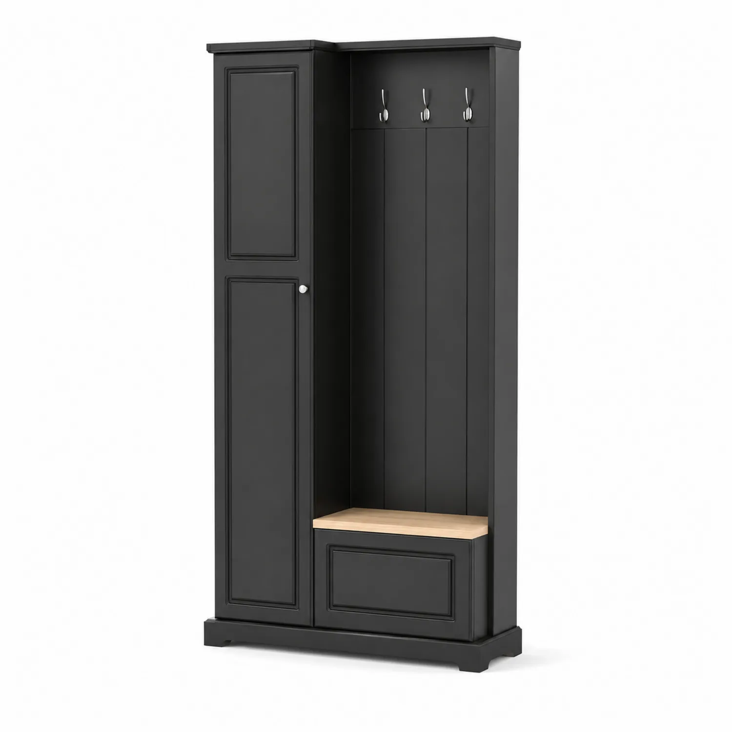Portemanteau d'entrée en bois noir avec porte et banc-Vexlitorin