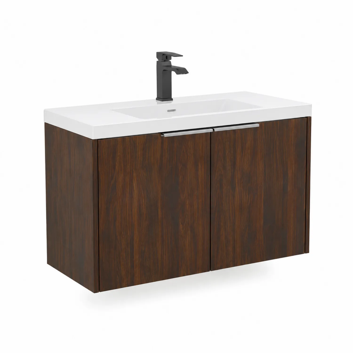 Meuble de lavabo mural en bois foncé avec lavabo en céramique blanche-Vexlitorin