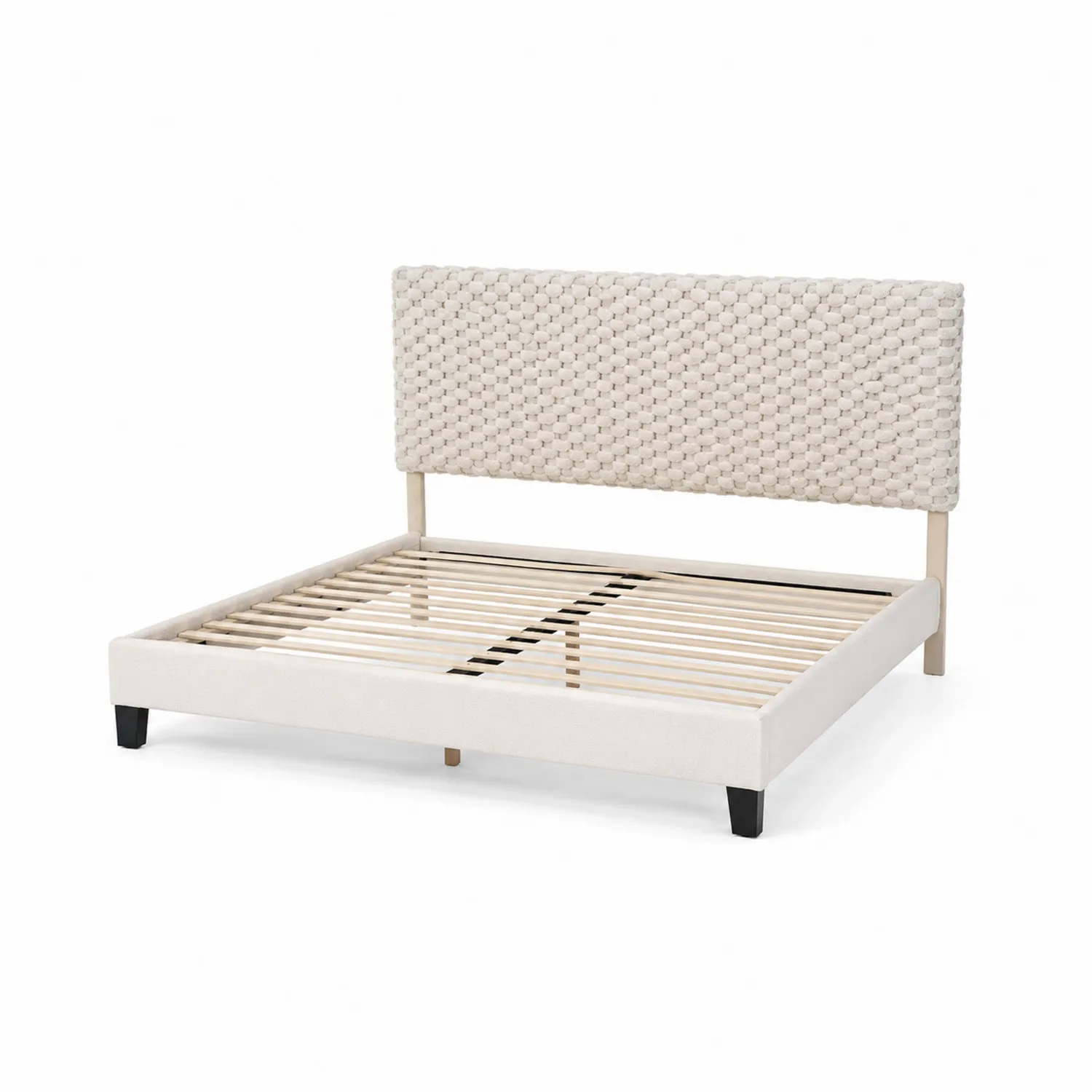 Lit double en bois et tissu polyester beige 160x200 cm-Vexlitorin