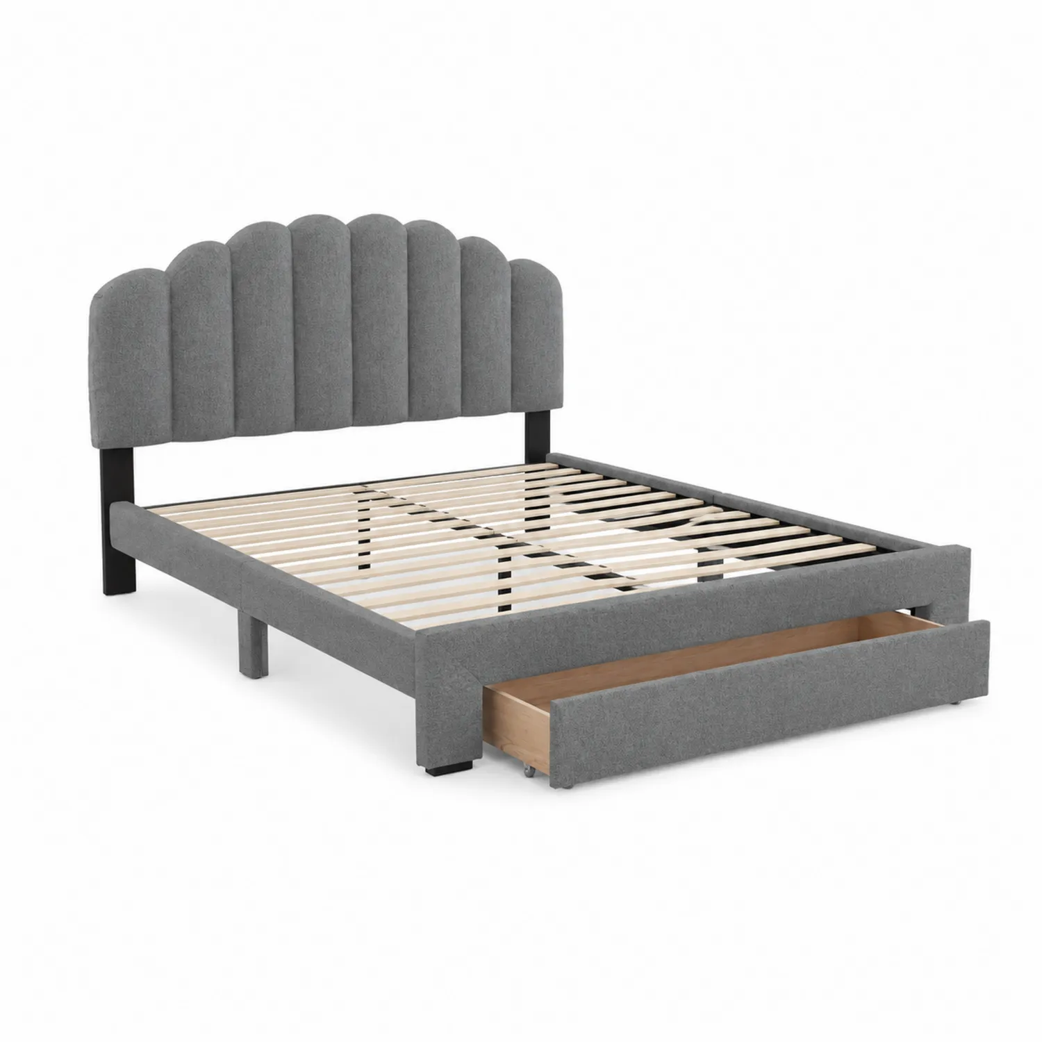 Lit double avec tiroir en tissu gris-Vexlitorin