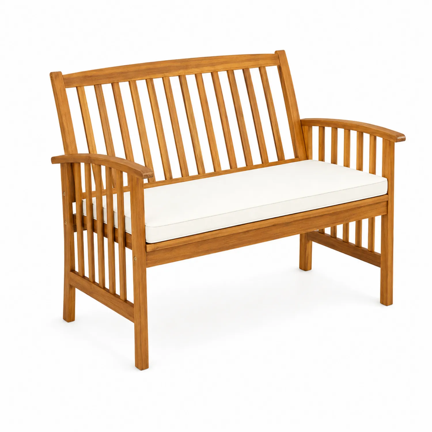Banc de jardin en bois d'acacia avec coussin en tissu blanc-Vexlitorin
