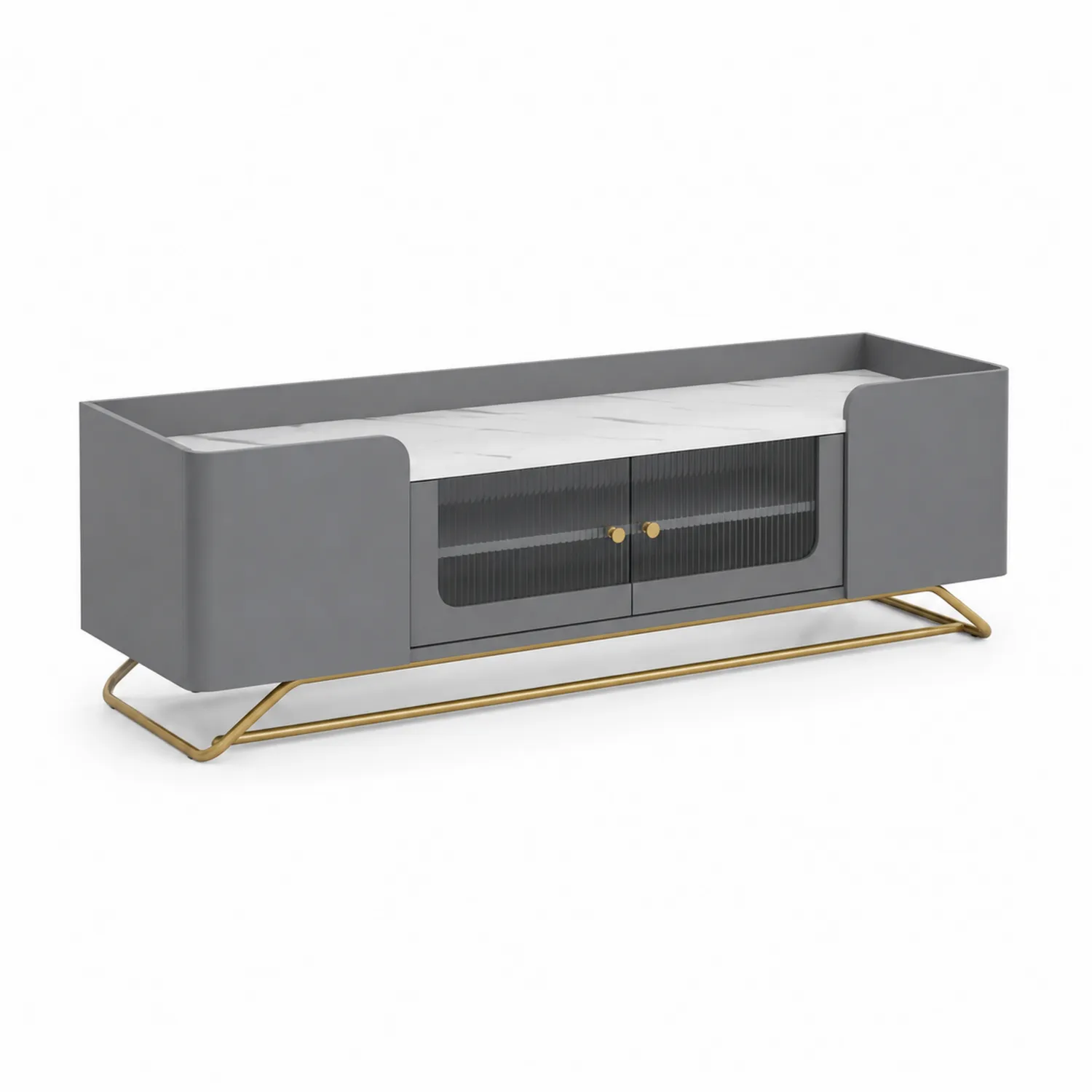 Meuble TV gris avec plateau en marbre et pieds en métal-Vexlitorin