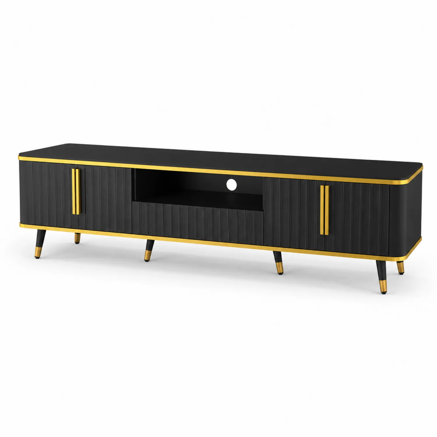 Meuble TV en MDF et acier noir et doré, 150x40x45 cm-Vexlitorin