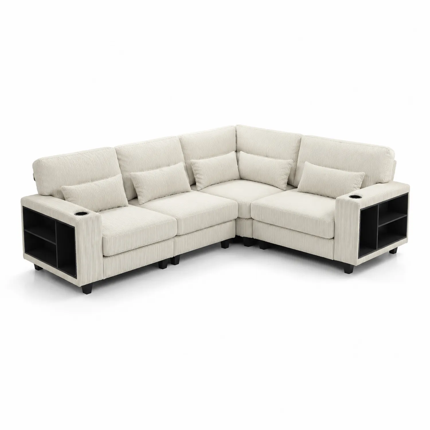 Sofá modular de esquina en tela de pana beige con almacenamiento-Skandiformco