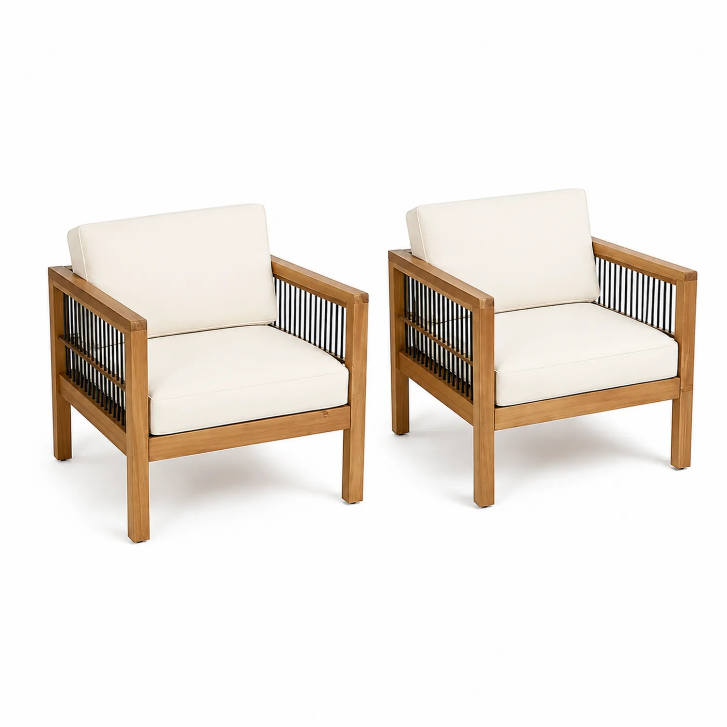 Juego de 2 sillones de teca y cuerda con cojines crema-Skandiformco