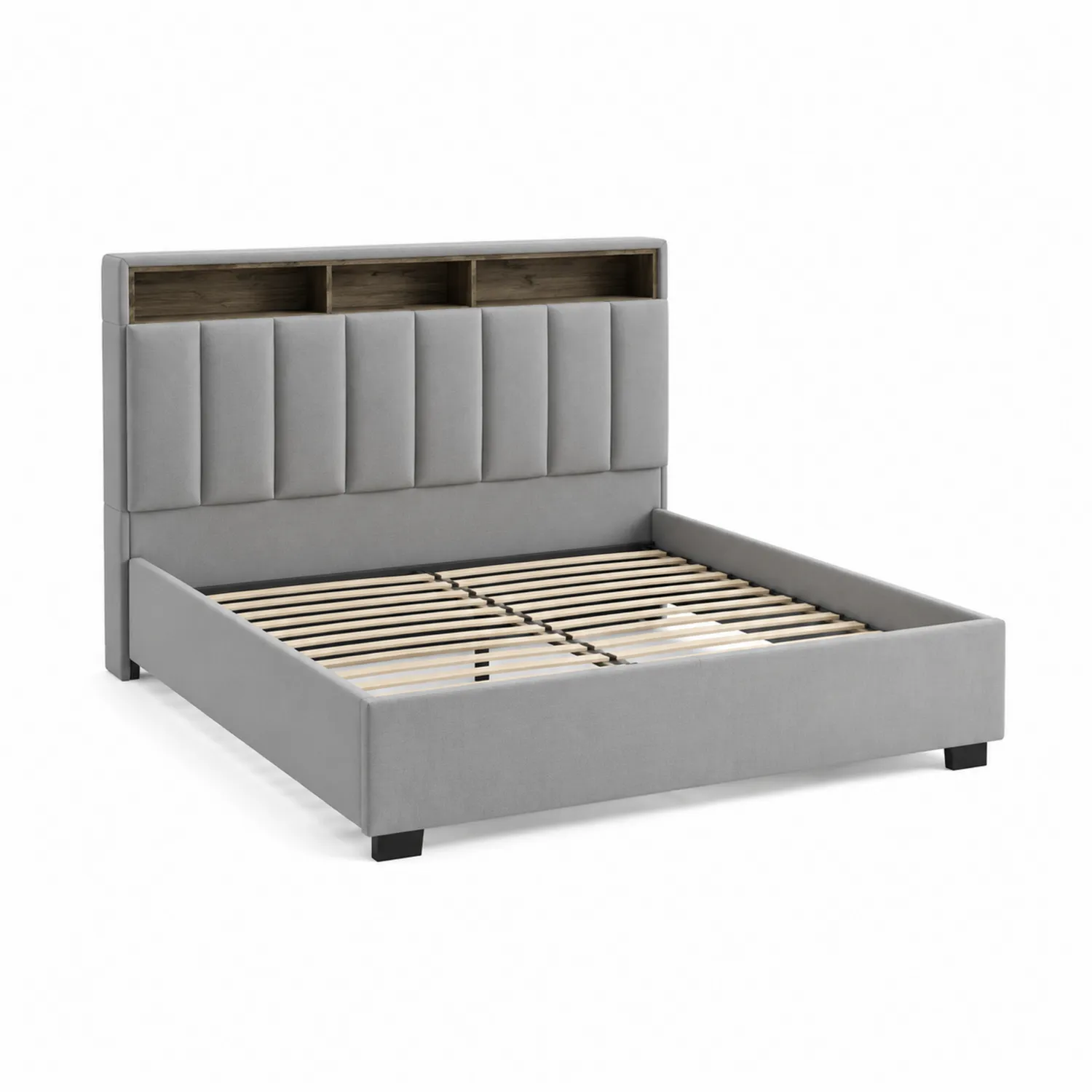 Cama de madera contrachapada y acero gris con cabecero y almacenamiento 200x150 cm-Skandiformco