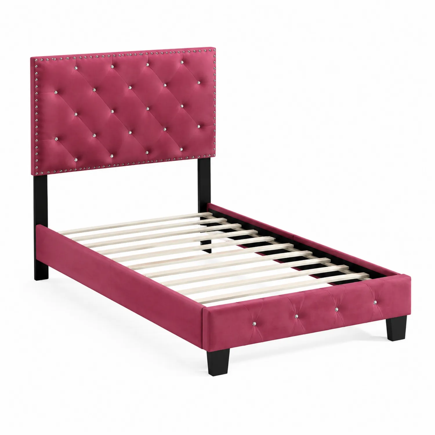 Cama individual de madera y terciopelo rosa con cabecera capitoné-Skandiformco