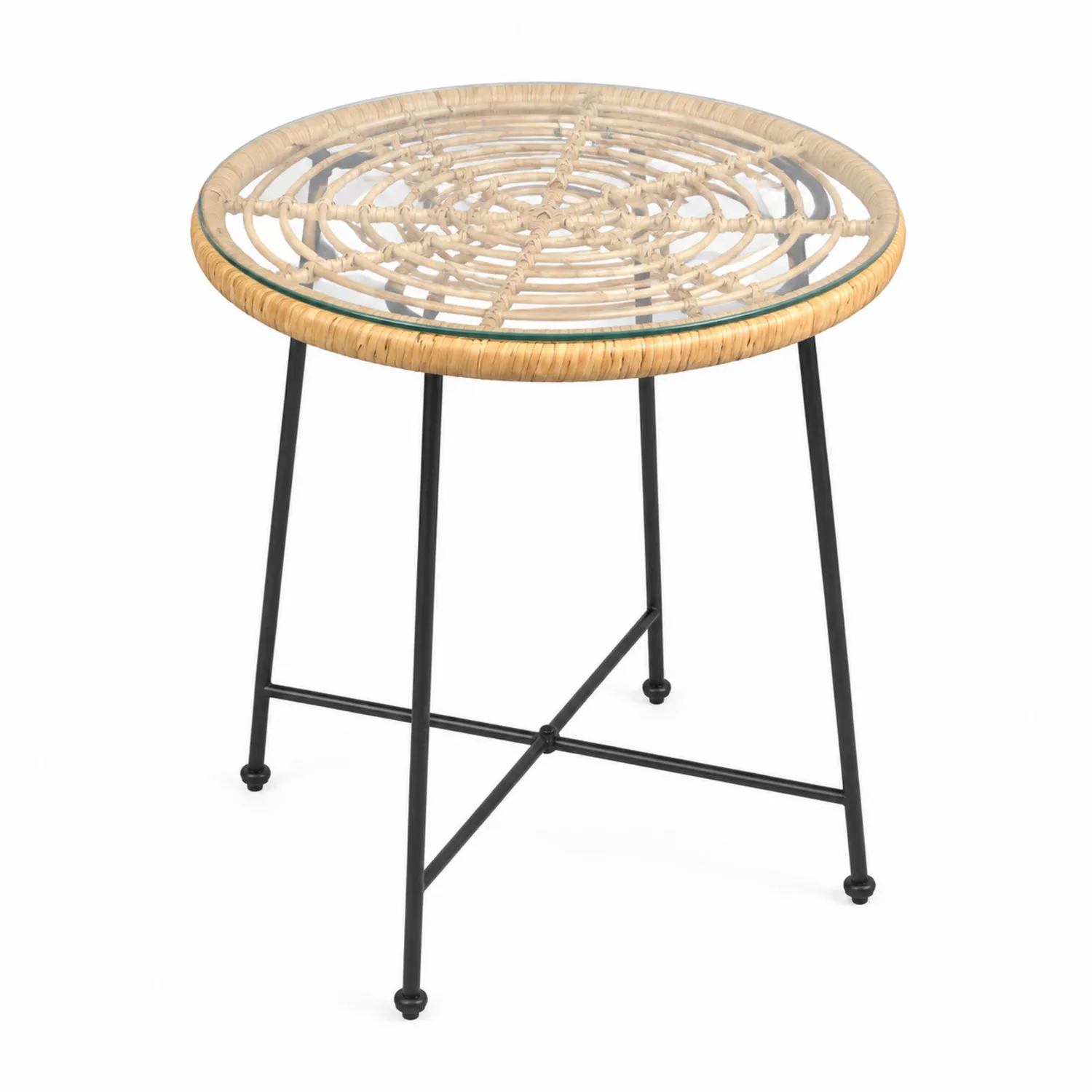 Mesa redonda de vidrio templado y ratán sintético 50x50x45 cm-Skandiformco