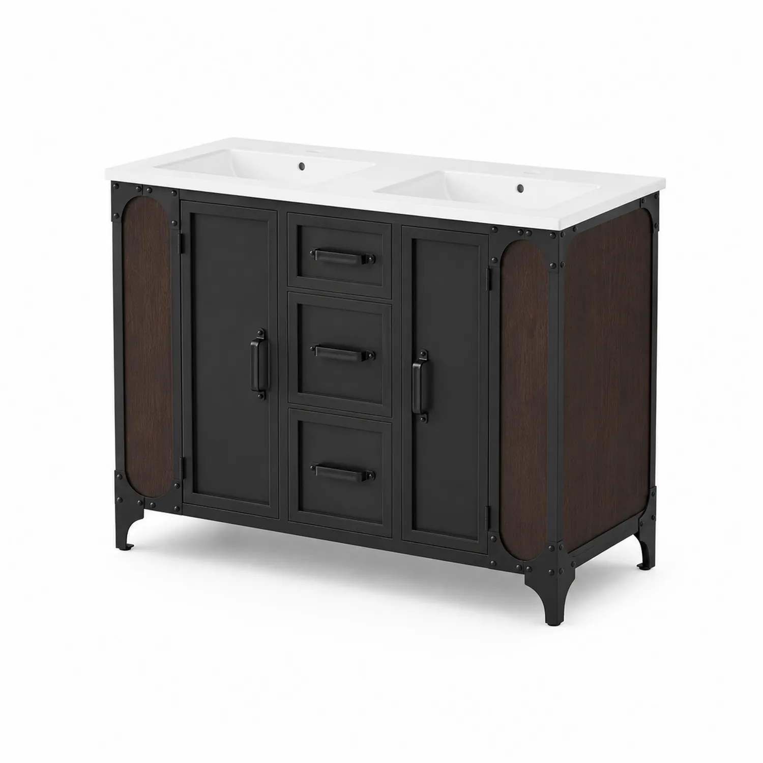 Armario de baño doble de metal y madera con lavabos de porcelana-Skandiformco