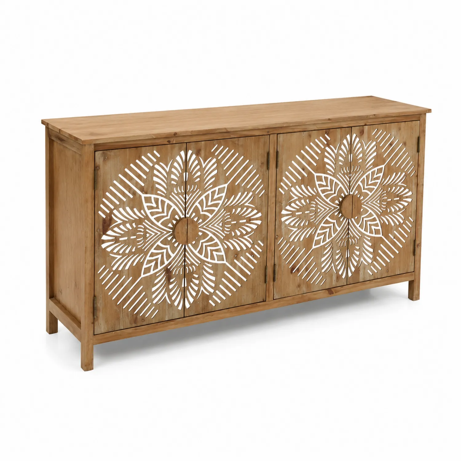 Aparador de madera de acacia con puertas talladas 120x40x80 cm-Skandiformco