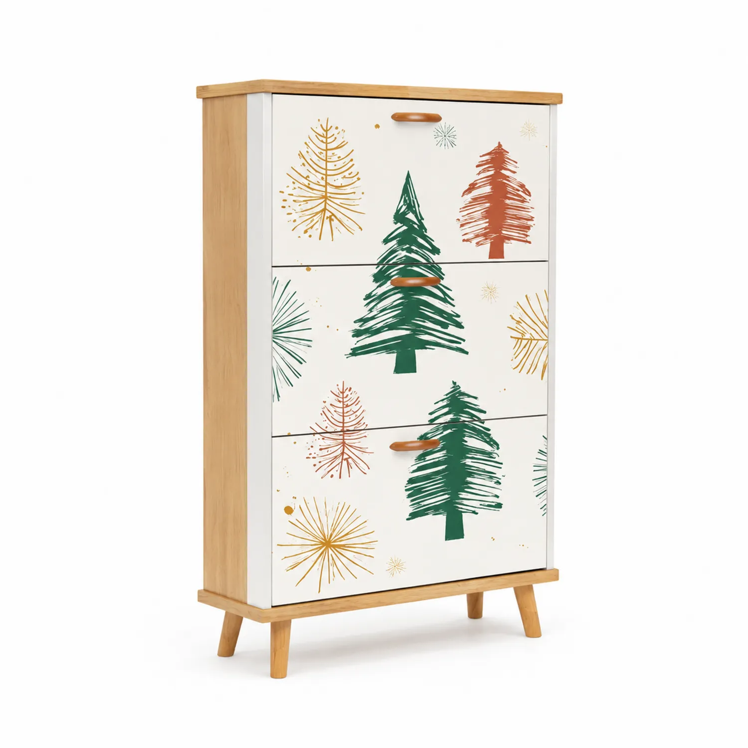 Zapatero de Madera con Diseño de Árboles, 3 Cajones 80x30x120cm-Skandiformco