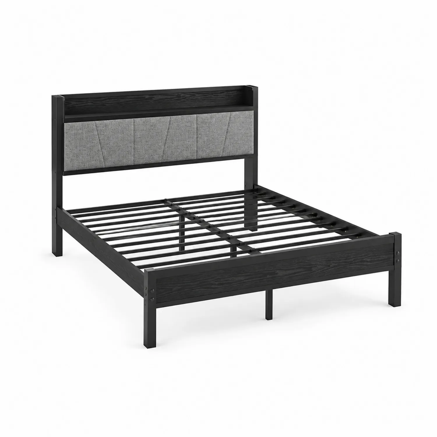 Cama de metal negra con cabecero de madera y tapicería gris-Skandiformco