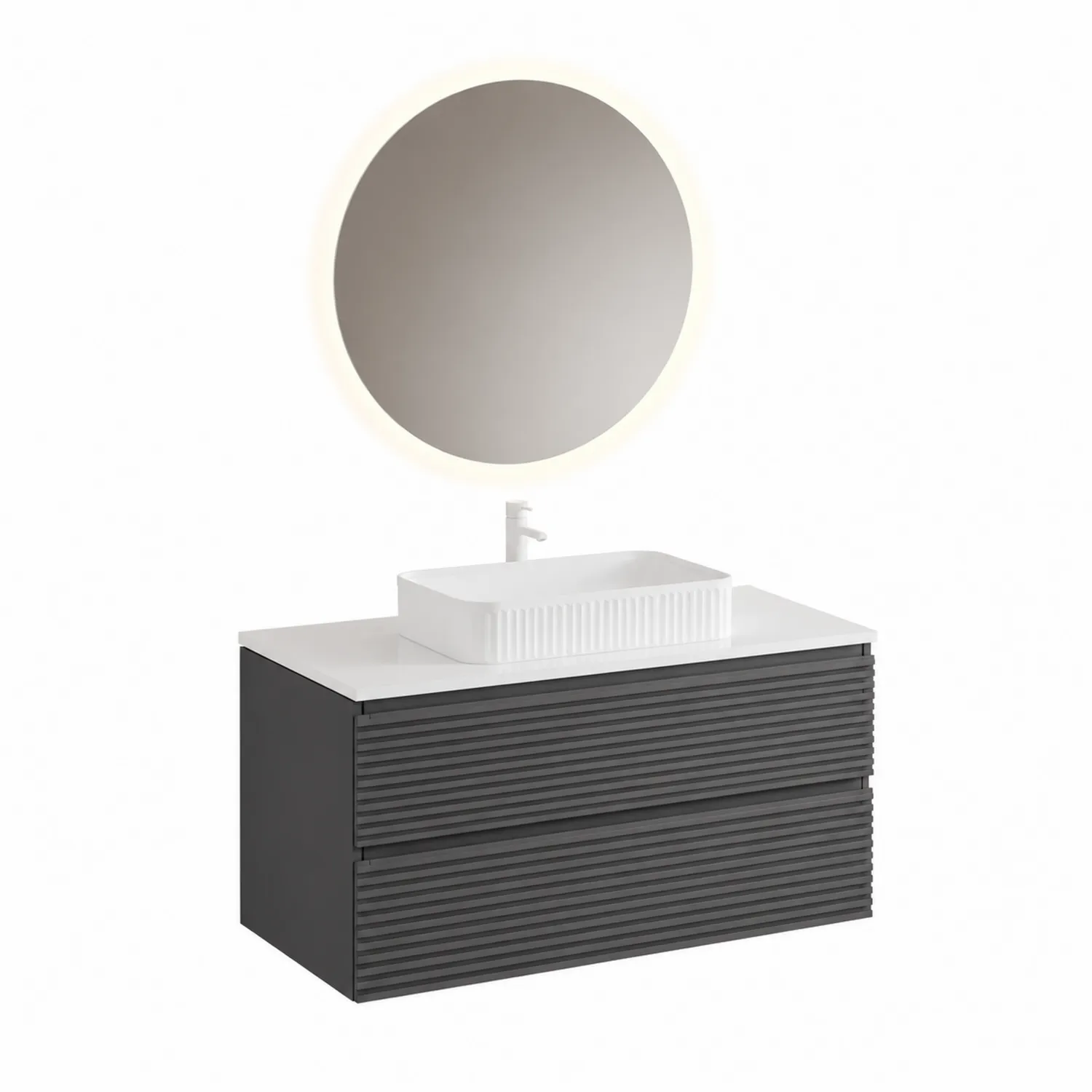 Conjunto de Mueble de Baño MDF con Lavabo de Cerámica y Espejo LED 80x45x55 cm Gris-Skandiformco