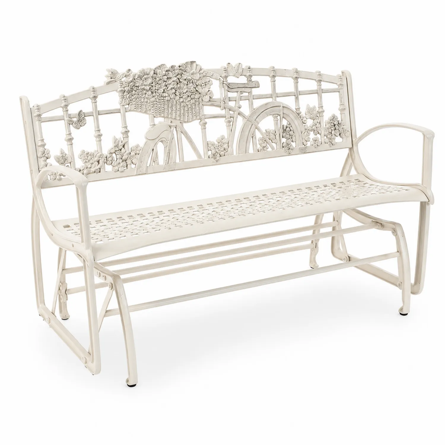 Panchina da giardino in metallo verniciato bianco con decorazioni floreali e bicicletta