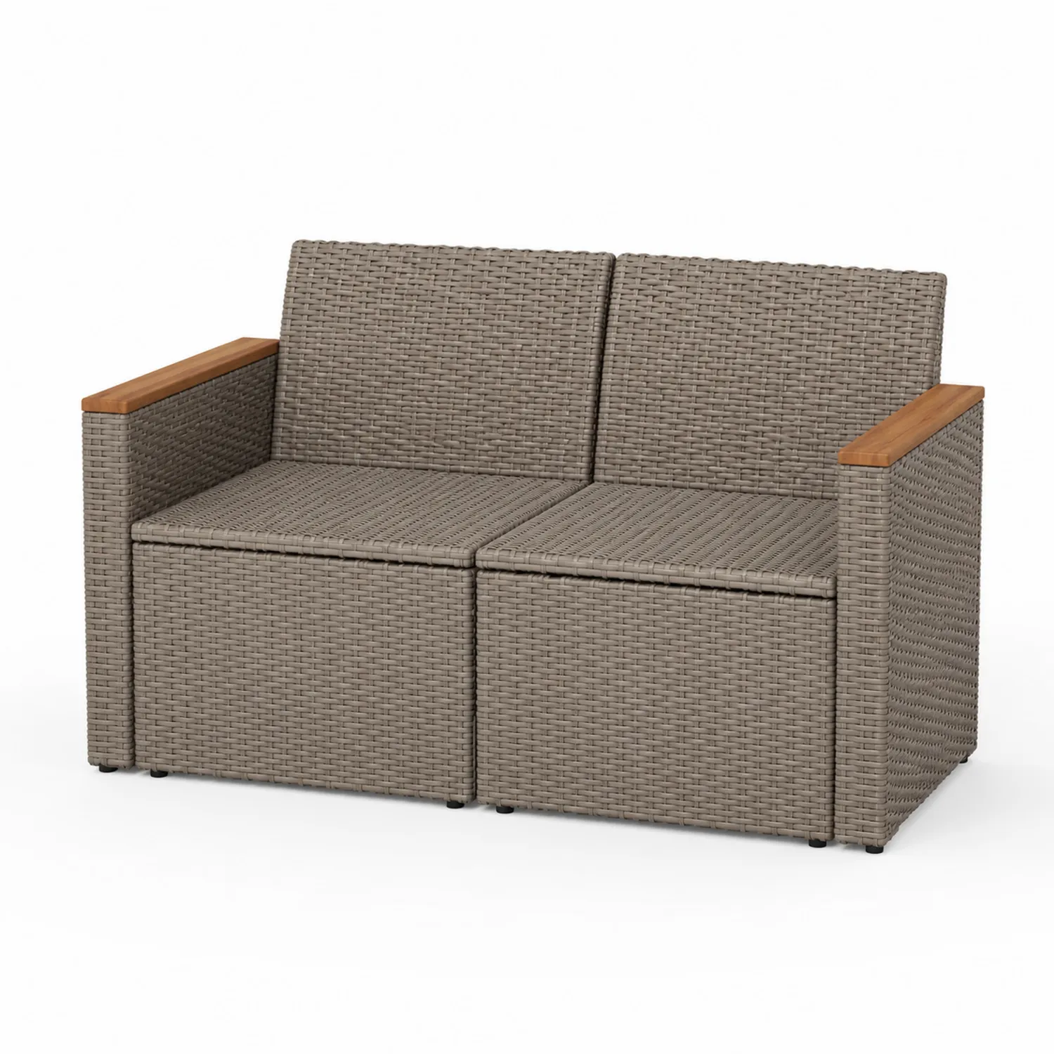 Divano da giardino in rattan sintetico con braccioli in legno, Grigio, 130x70x75 cm