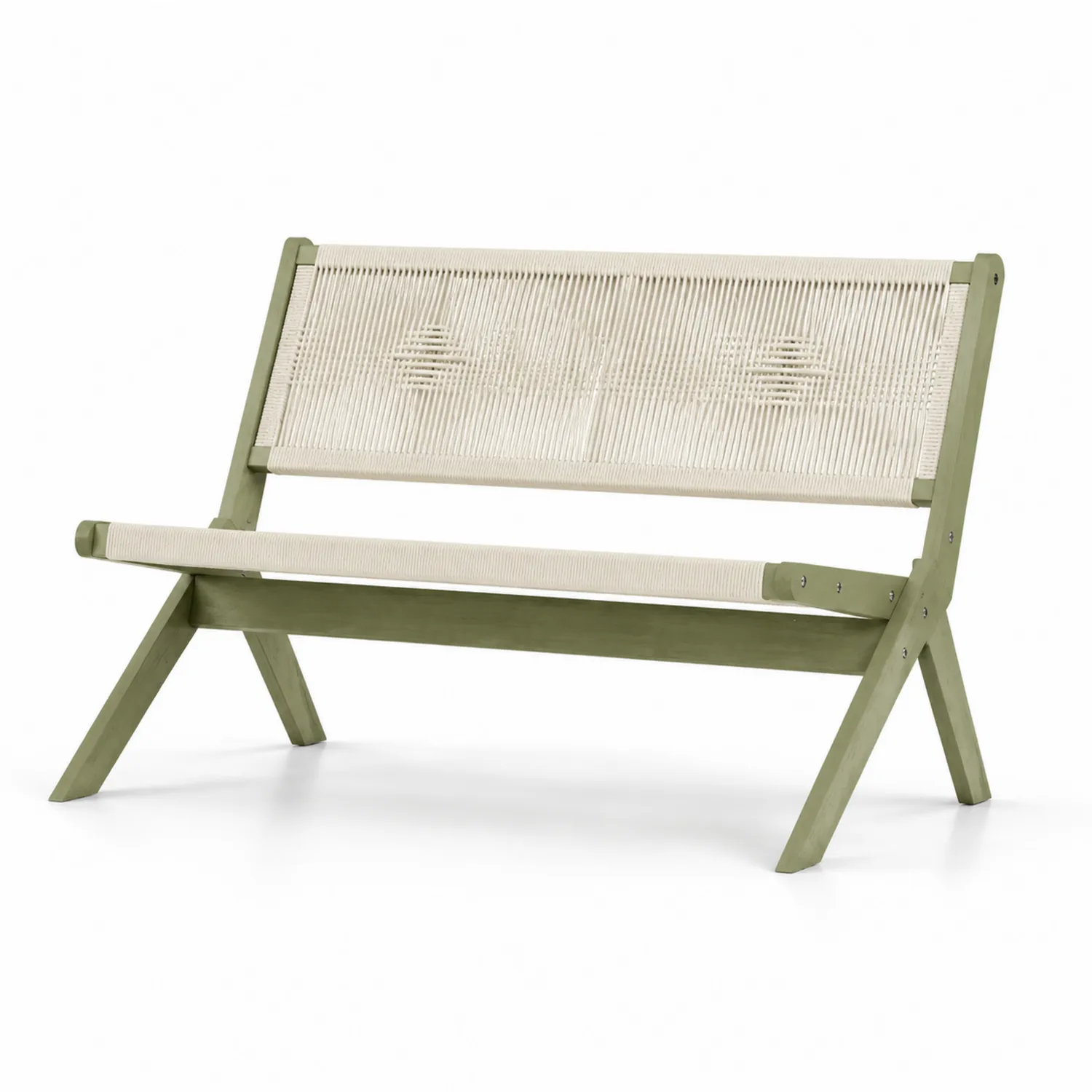 Panca da esterno in legno e corda intrecciata verde crema