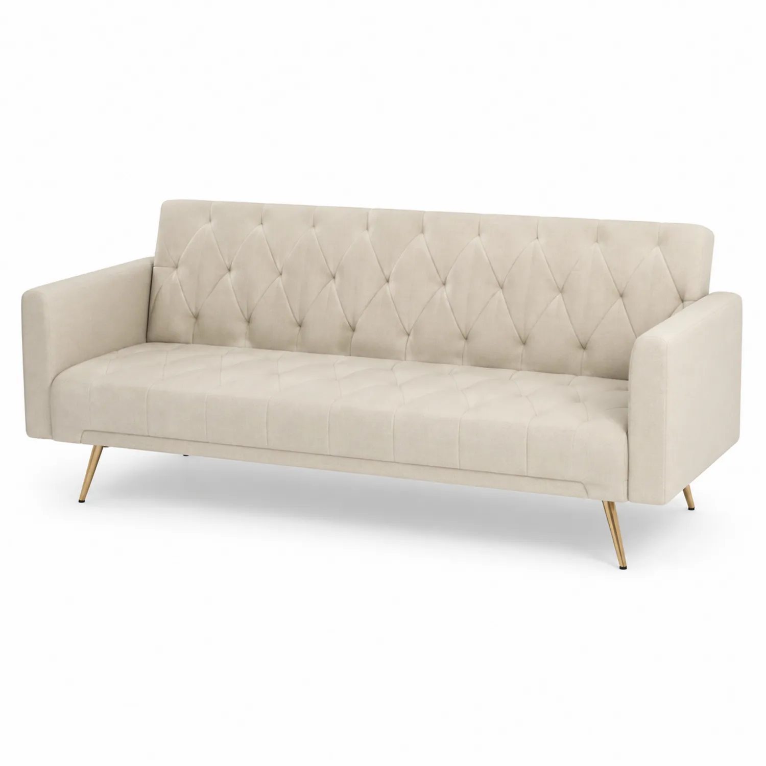 Divano 3 posti in velluto beige con gambe in metallo dorato