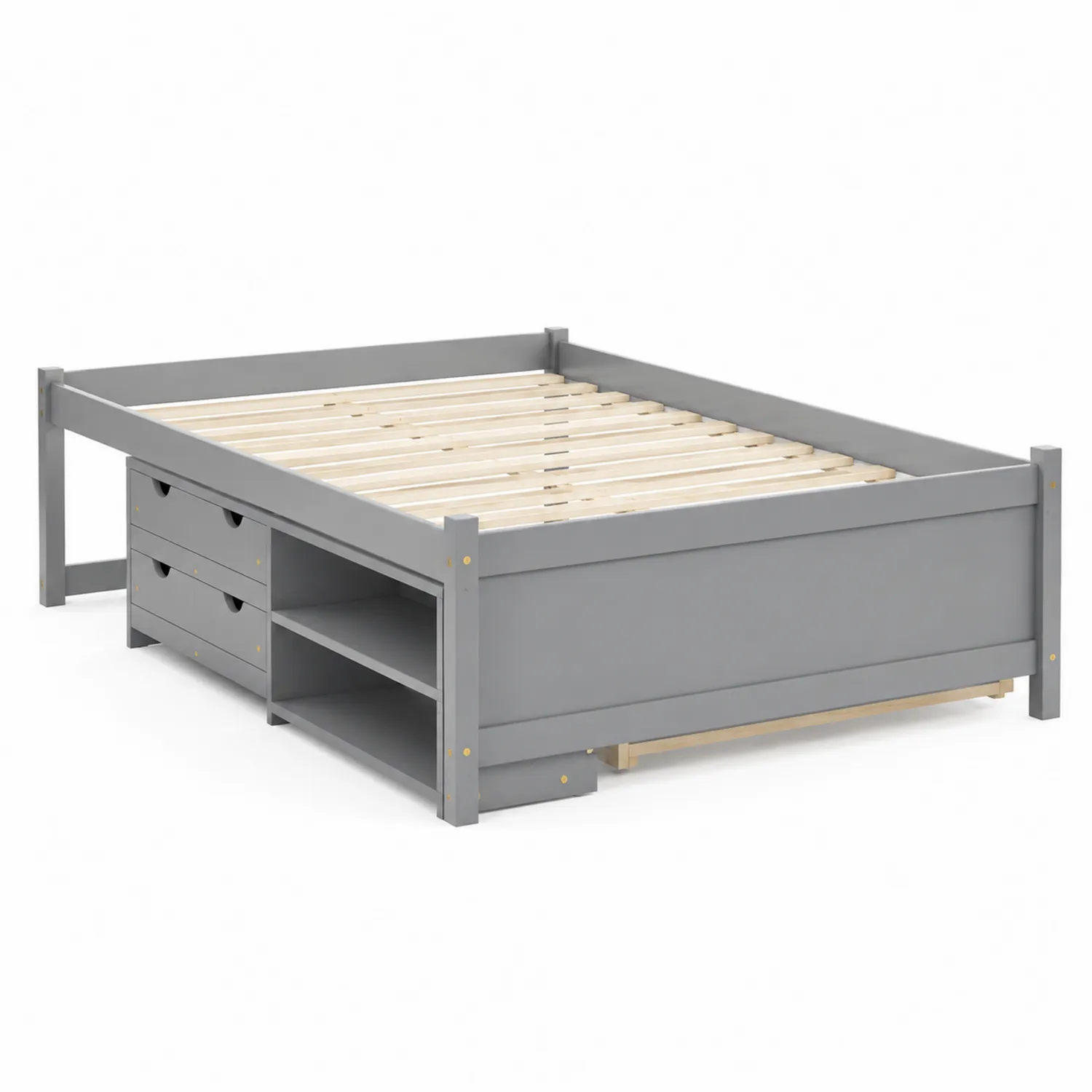 Letto contenitore in legno grigio con cassetti e vano portaoggetti 200x160 cm