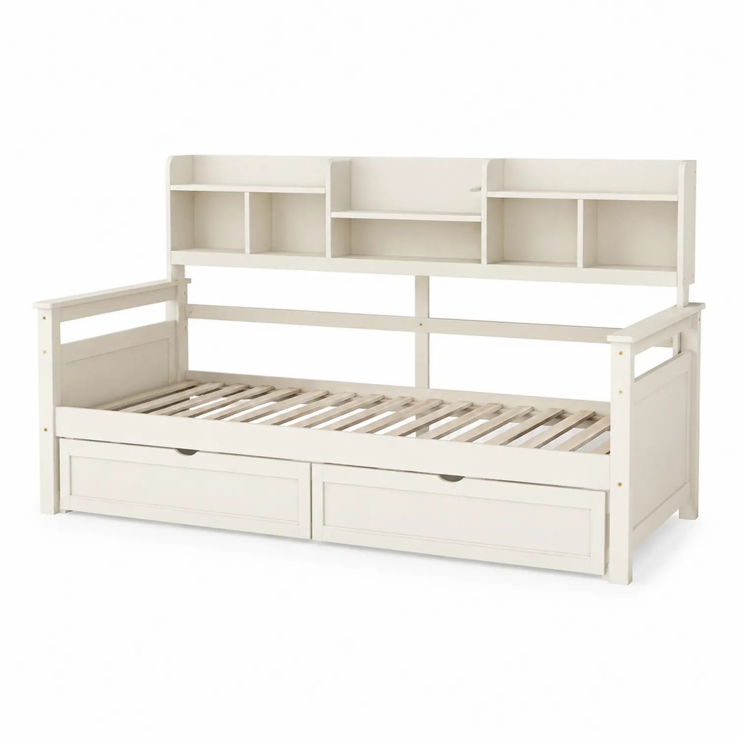 Letto Divano Singolo in Legno Bianco con Scaffalatura e Cassetti
