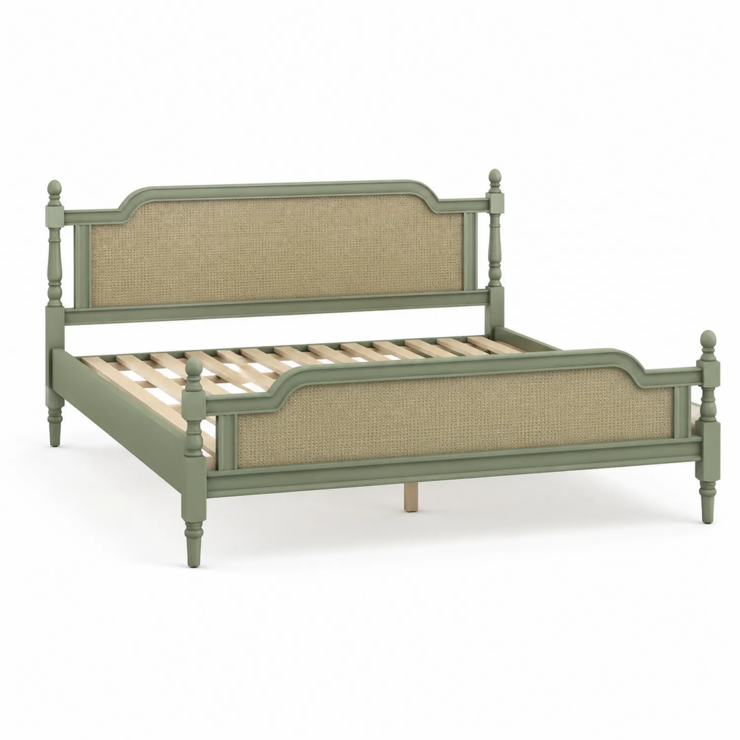 Letto matrimoniale in legno di pino e rattan verde 160x200 cm