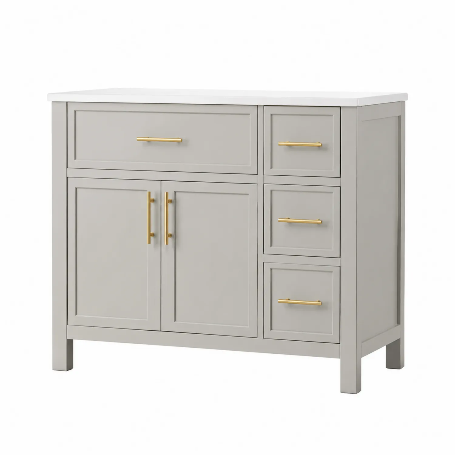 Mobile lavabo singolo in legno grigio con maniglie in ottone e piano in marmo di Carrara