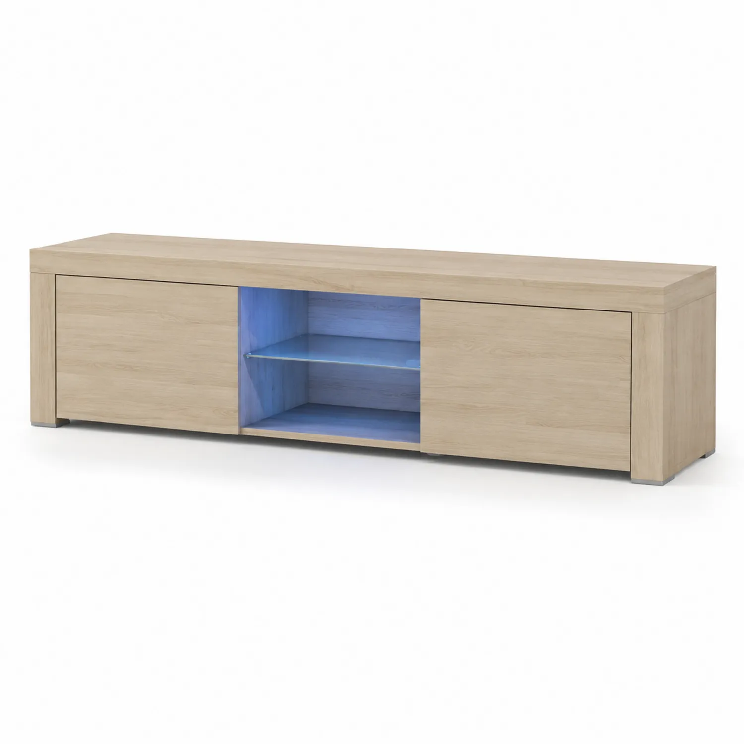 Mobile TV in Legno Chiaro con Ripiano in Vetro Temperato e LED