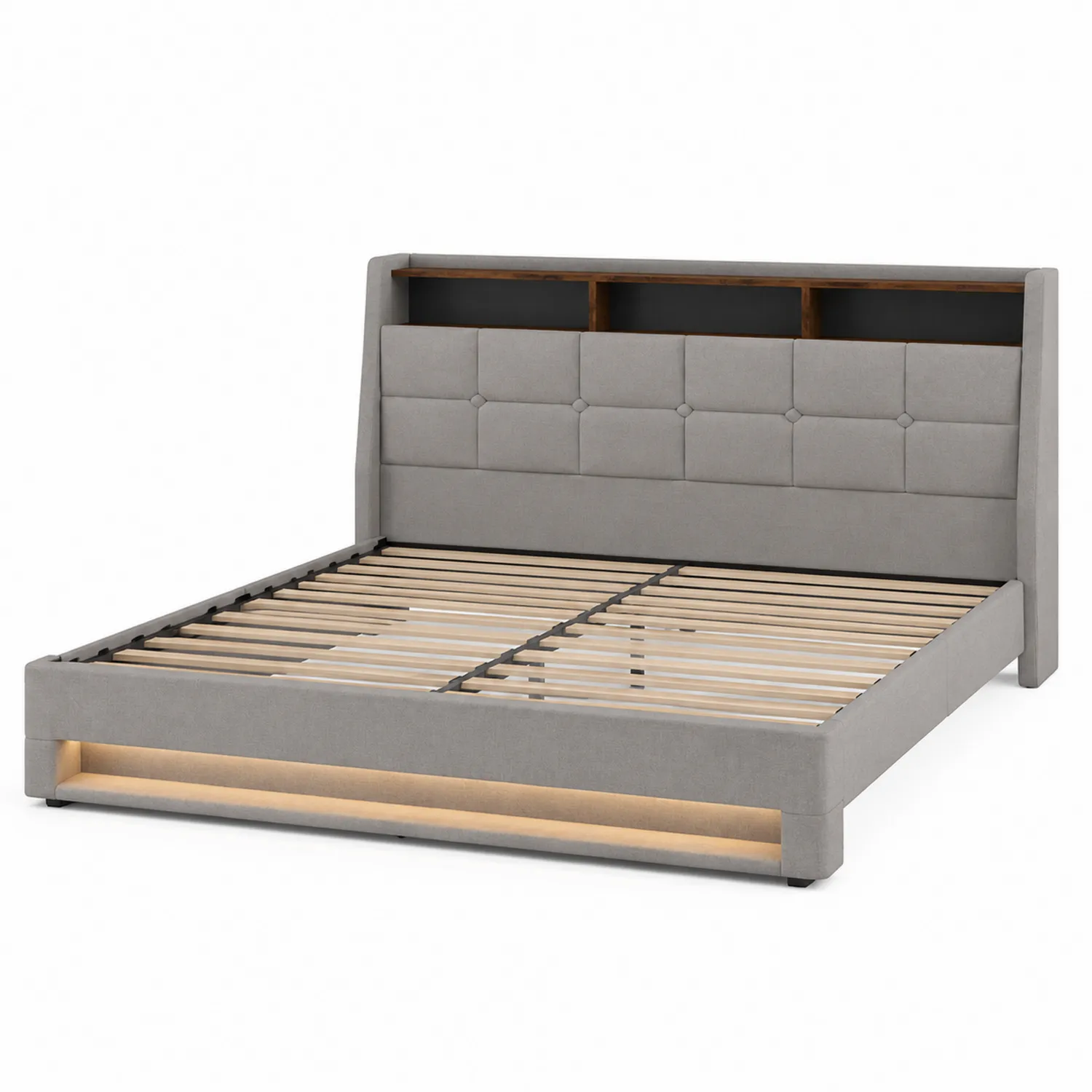 Letto matrimoniale in tessuto poliestere grigio con contenitore e illuminazione LED