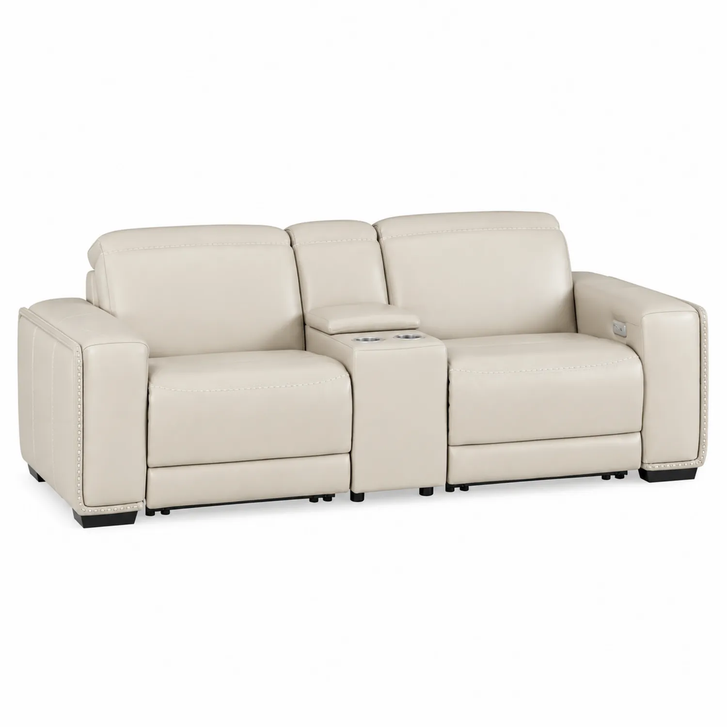 Divano in pelle sintetica beige con portabicchieri e schienali reclinabili
