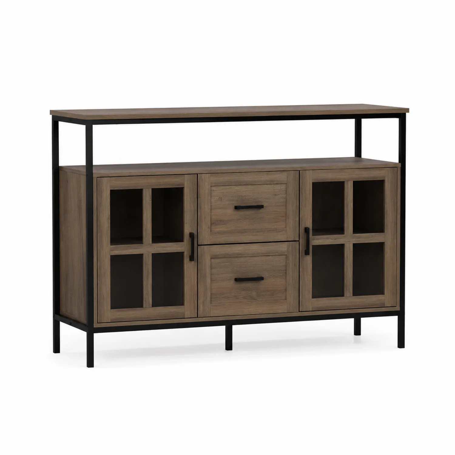Credenza in legno e metallo con ante in vetro temperato